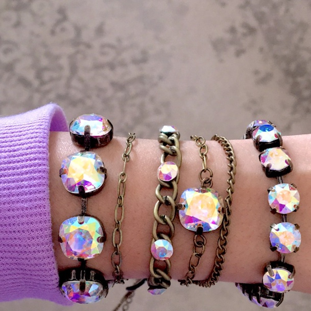 Aurora Borealis Cushion Cut Antique Brass Crystal Bracelet - Picture 11 of 11